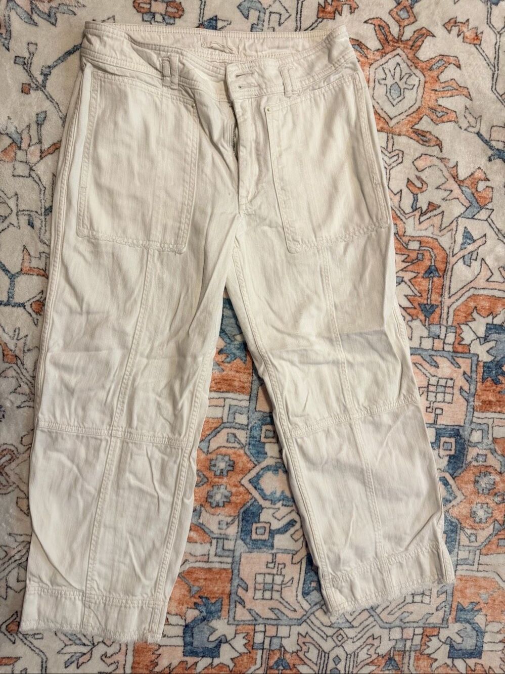 Anthropologie Womens Cargo Utility Pants Cream Beige Straight Leg Size 27